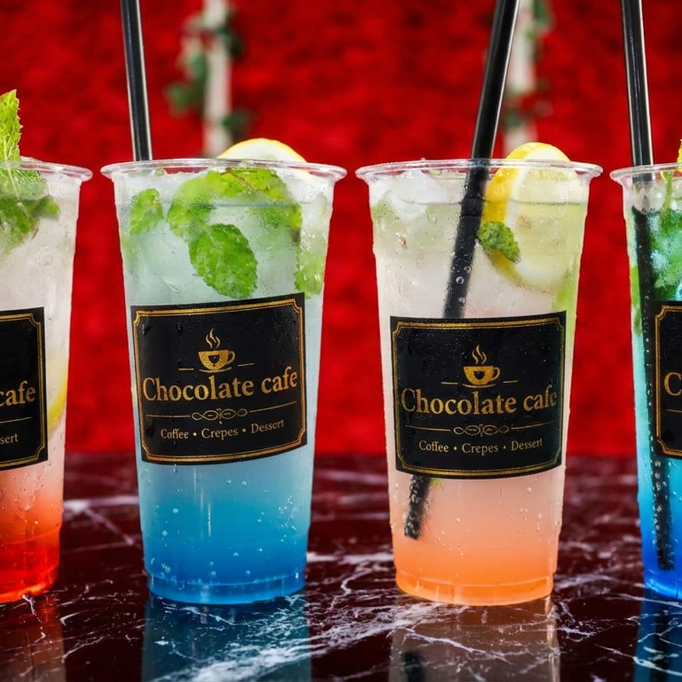 Four colorful mint-and-lemon drinks in branded Chocolate Cafe cups, displayed against a festive red Christmas background.