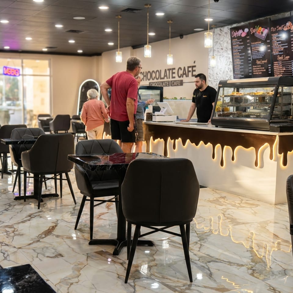 Modern chocolate café interior with black marble tables, upholstered chairs, illuminated counter, menu boards, and customers ordering.