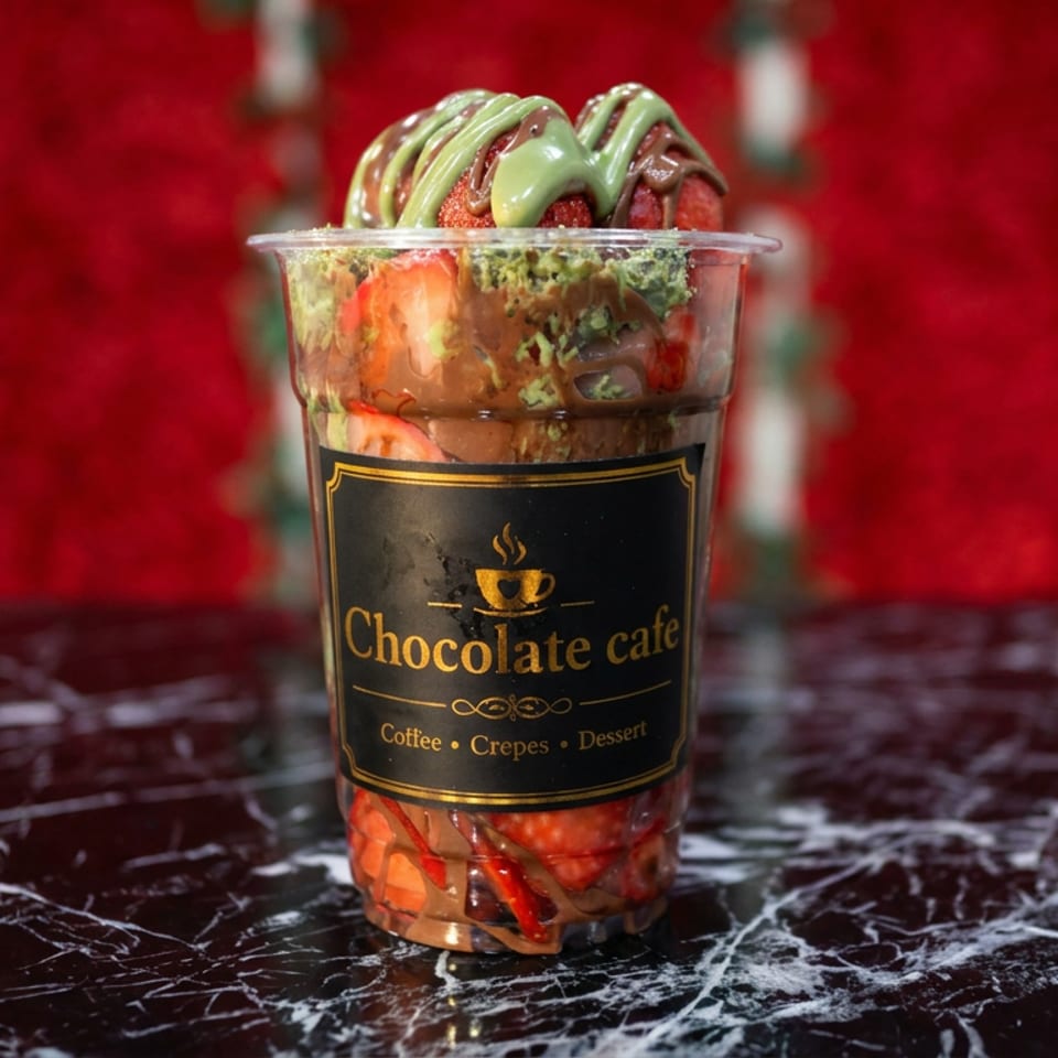 Layered dessert cup topped with chocolate and green drizzle, displayed on a black marble table against a red background.