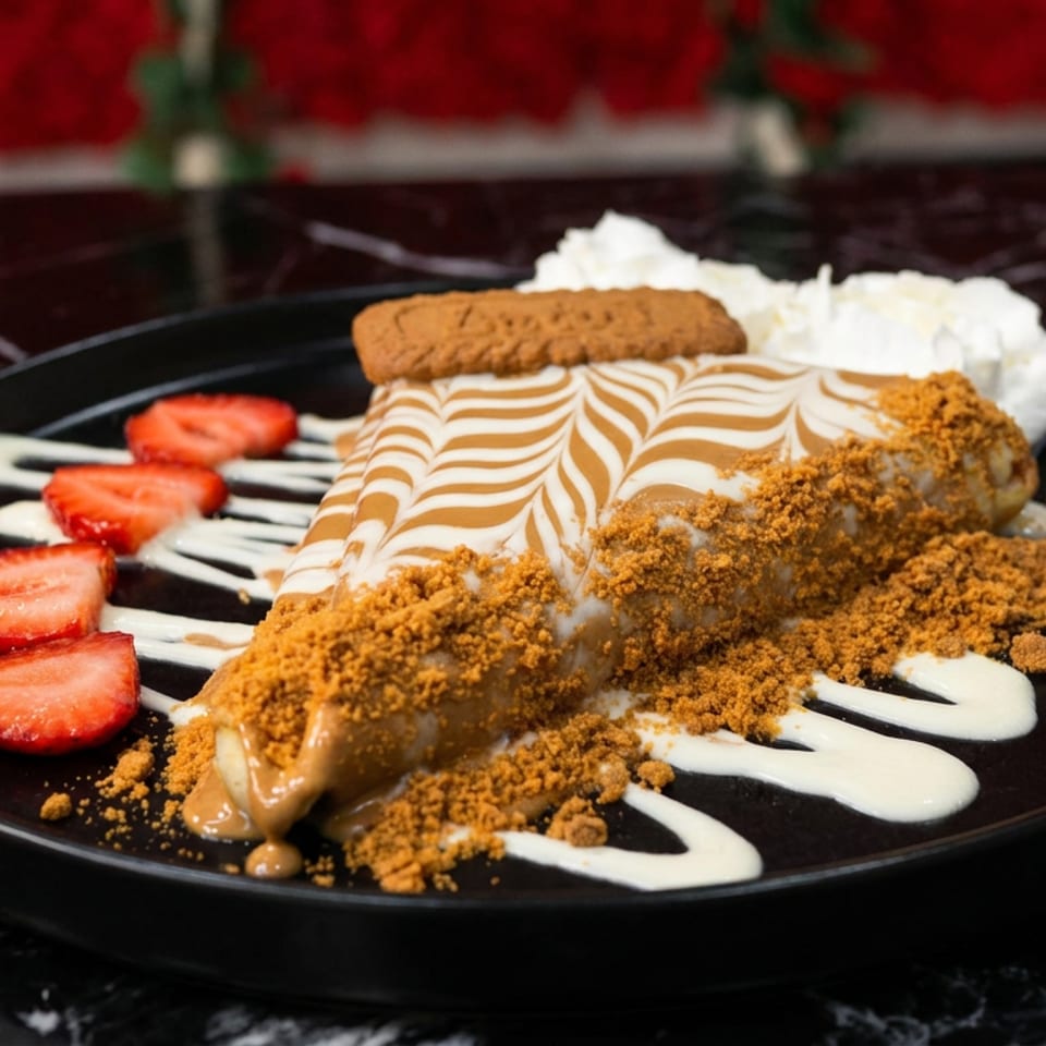 Dessert crepe topped with cookie crumbs, whipped cream, and a striped cream drizzle, served with sliced strawberries on a black plate.