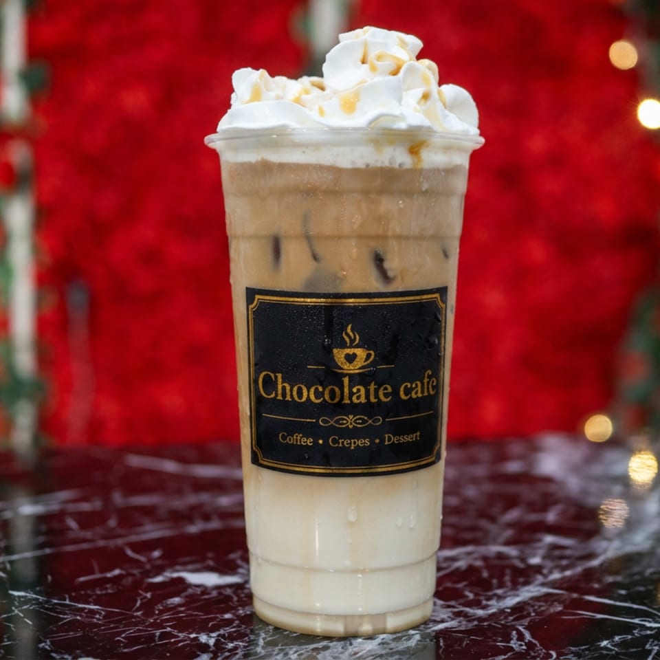 Iced coffee topped with whipped cream and nuts in a Chocolate Cafe cup, displayed on a marble table against festive red decor.
